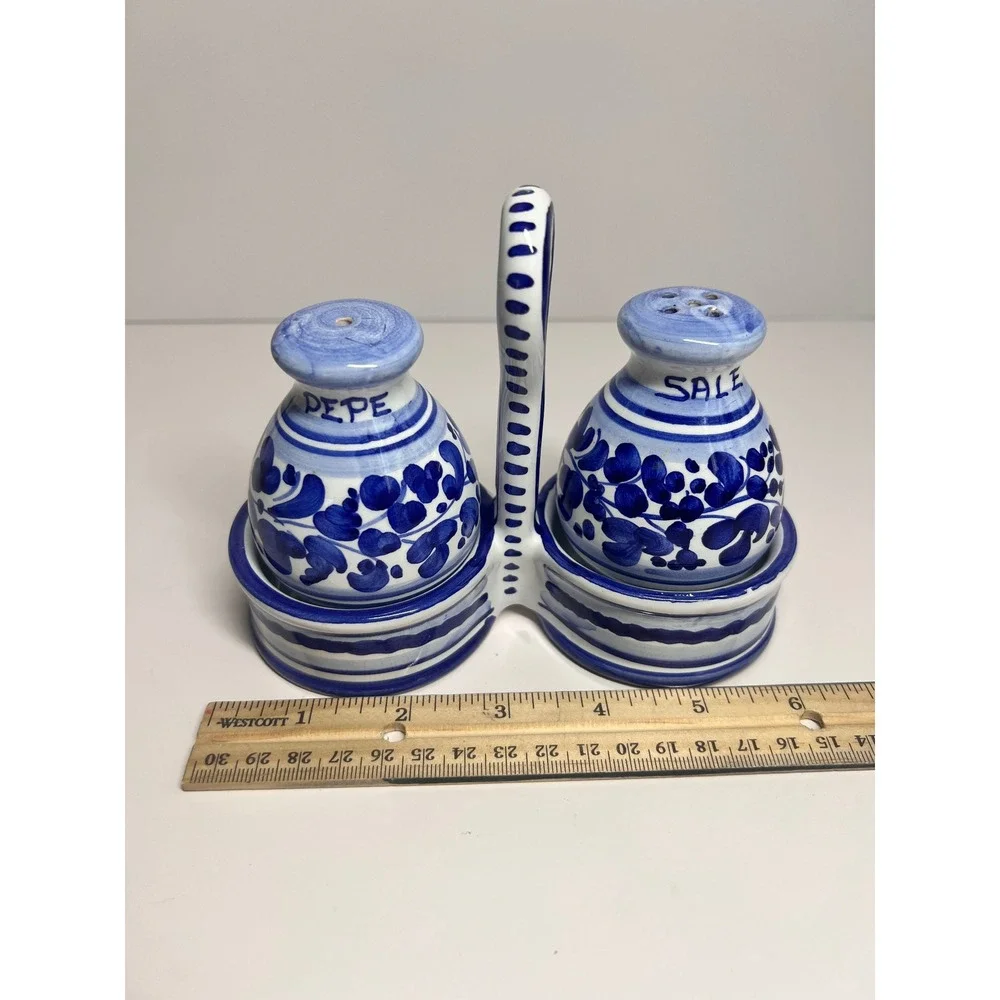 Vtg‎ Deruta Italian Pottery Salt Pepper Shakers w/ Caddy Blue White Majolica
